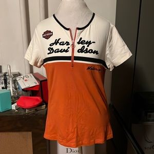 Harley Davidson half zip orange black and white tee shirt